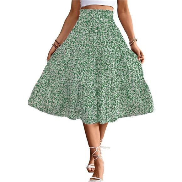 Women's High Elastic Waist Midi Skirt Green - Picture 3 of 6